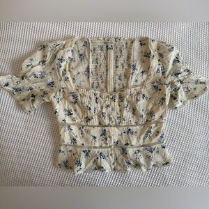 Reformation Cream Smocked Top with Blue Floral Print, size 8